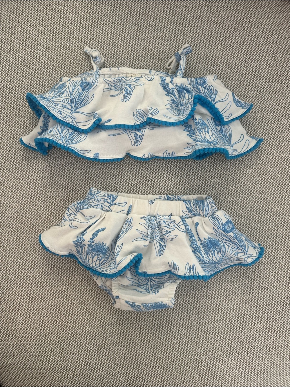 kate quinn White and Blue Protea Ruffle Two-Piece Diaper Cover Set